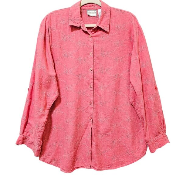 Napa Valley Top Women's Large Pink Linen Blend Embroidered Long Sleeves Collared - Picture 1 of 13